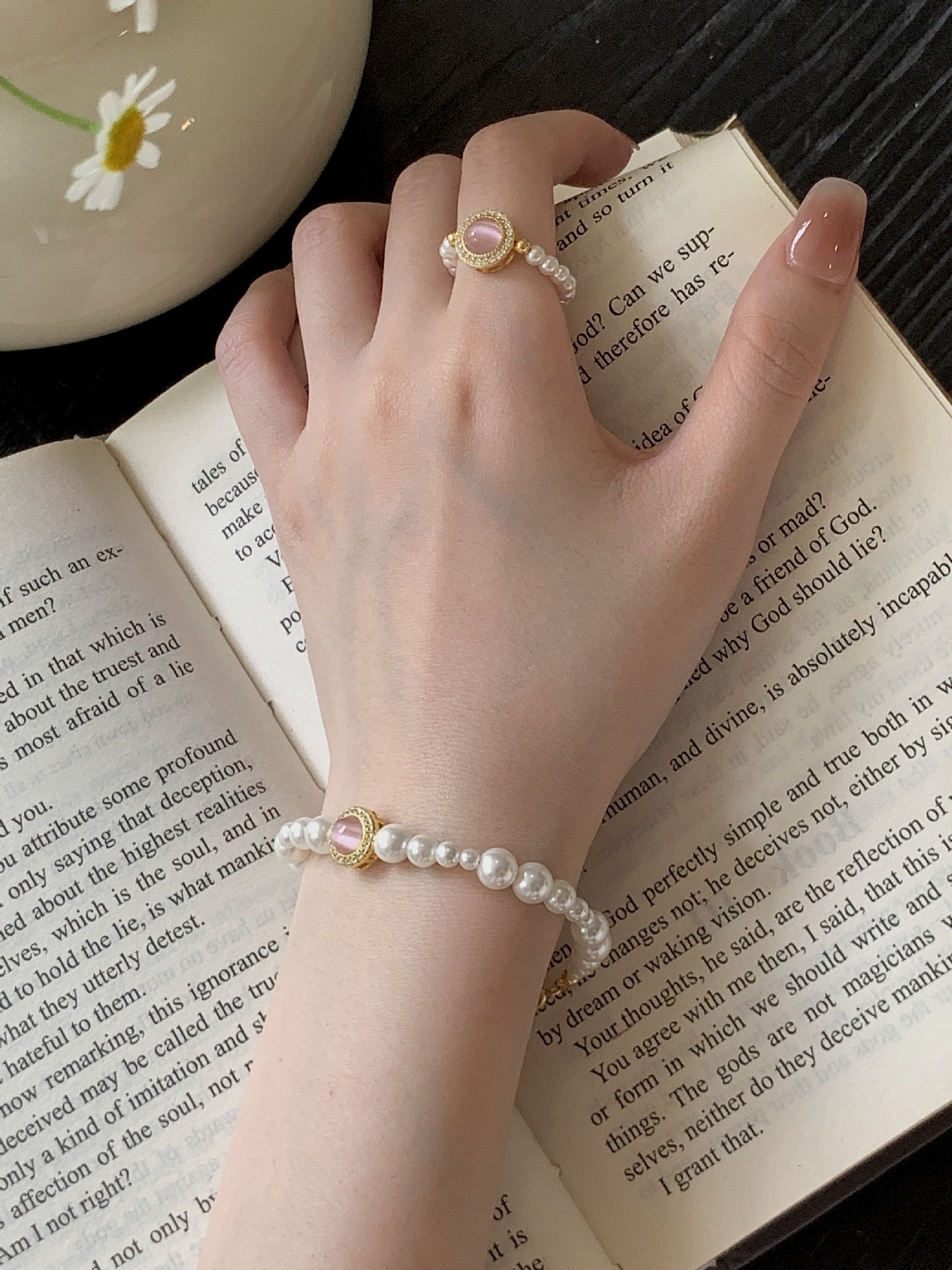 925 Silver Cat's Eye Pearl Bracelet and Necklace Set