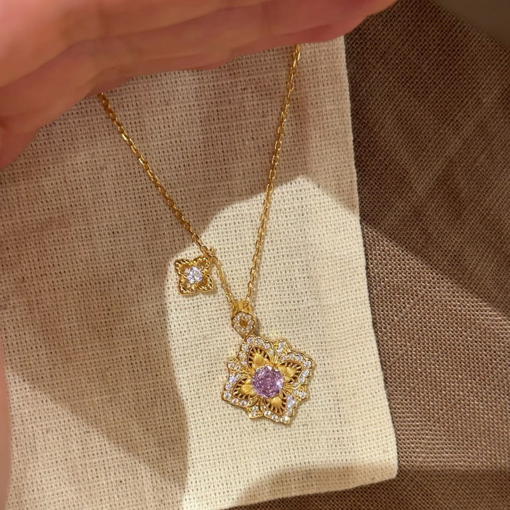 925 Silver Four-Leaf Clover Brushed Purple Rose Necklace