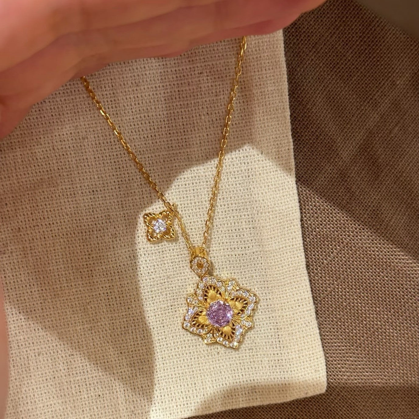 925 Silver Four-Leaf Clover Brushed Purple Rose Necklace