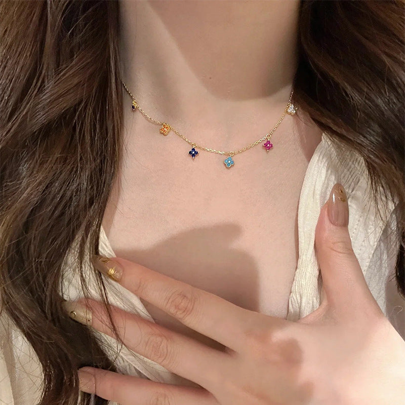 925 Silver Colorful Four-Leaf Flower Necklace Ring Stud Earrings Set