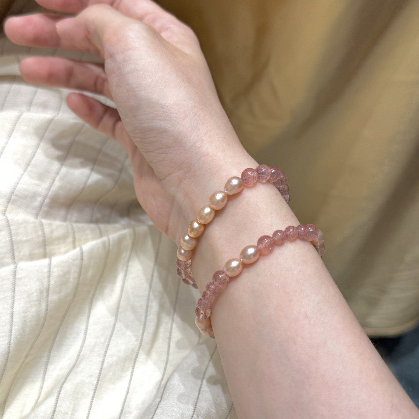 Pink Natural Pearl Strawberry Quartz Bracelet