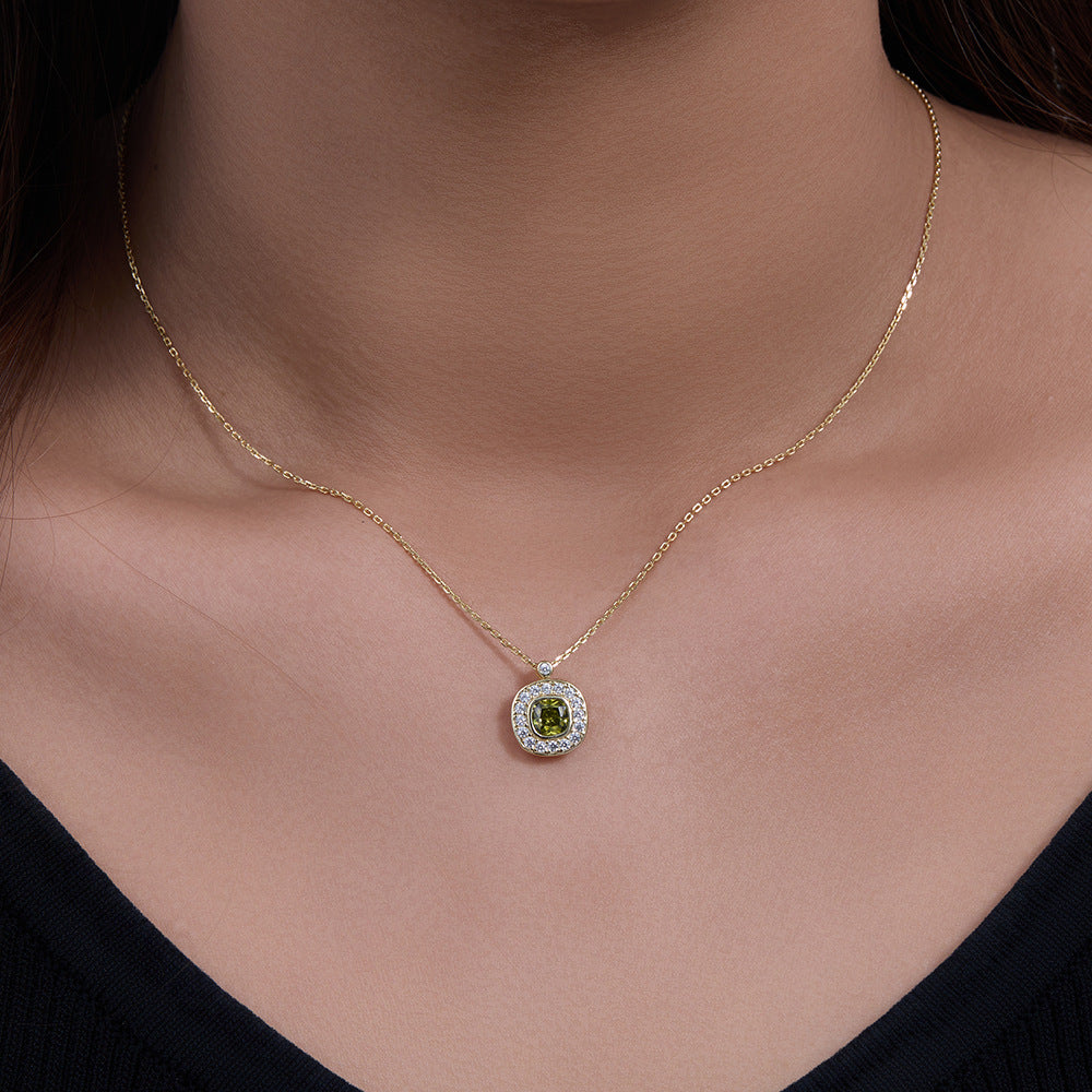 925 Silver Olive Green Square Zircon Pendant Necklace
