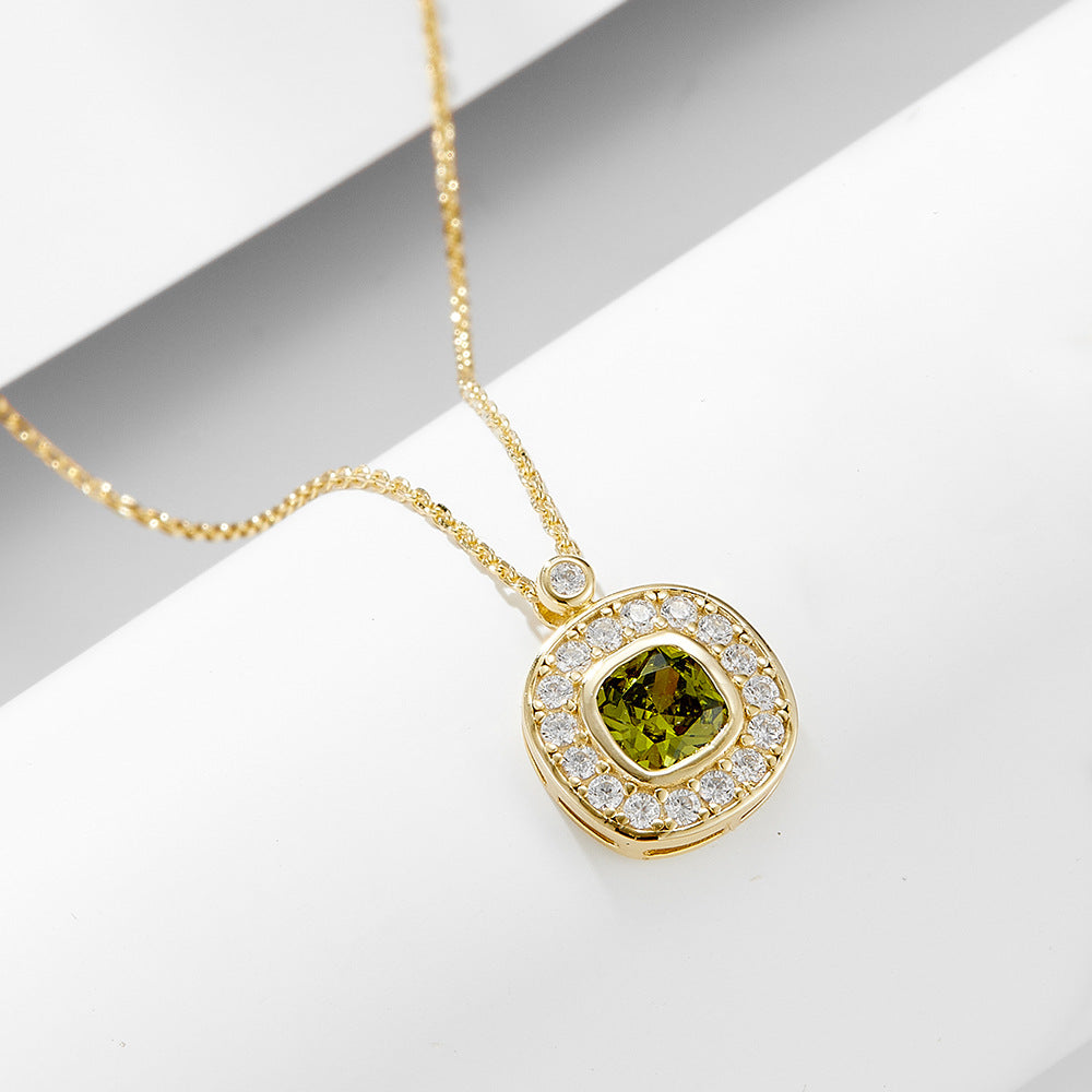 925 Silver Olive Green Square Zircon Pendant Necklace
