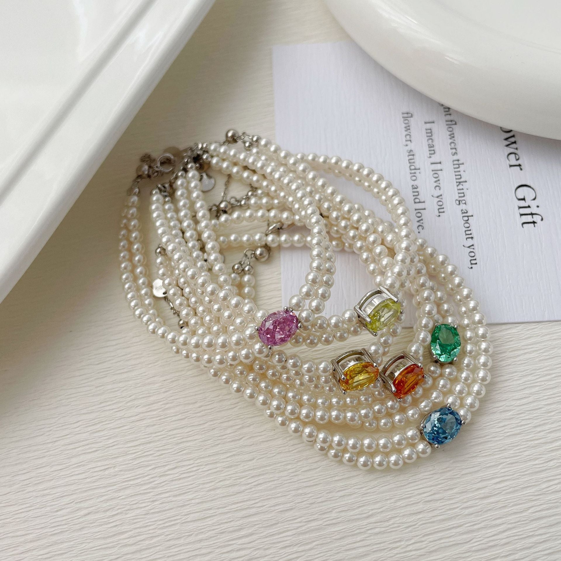 925 Silver Pearl Zircon Set, Six-Color Bracelet Necklace