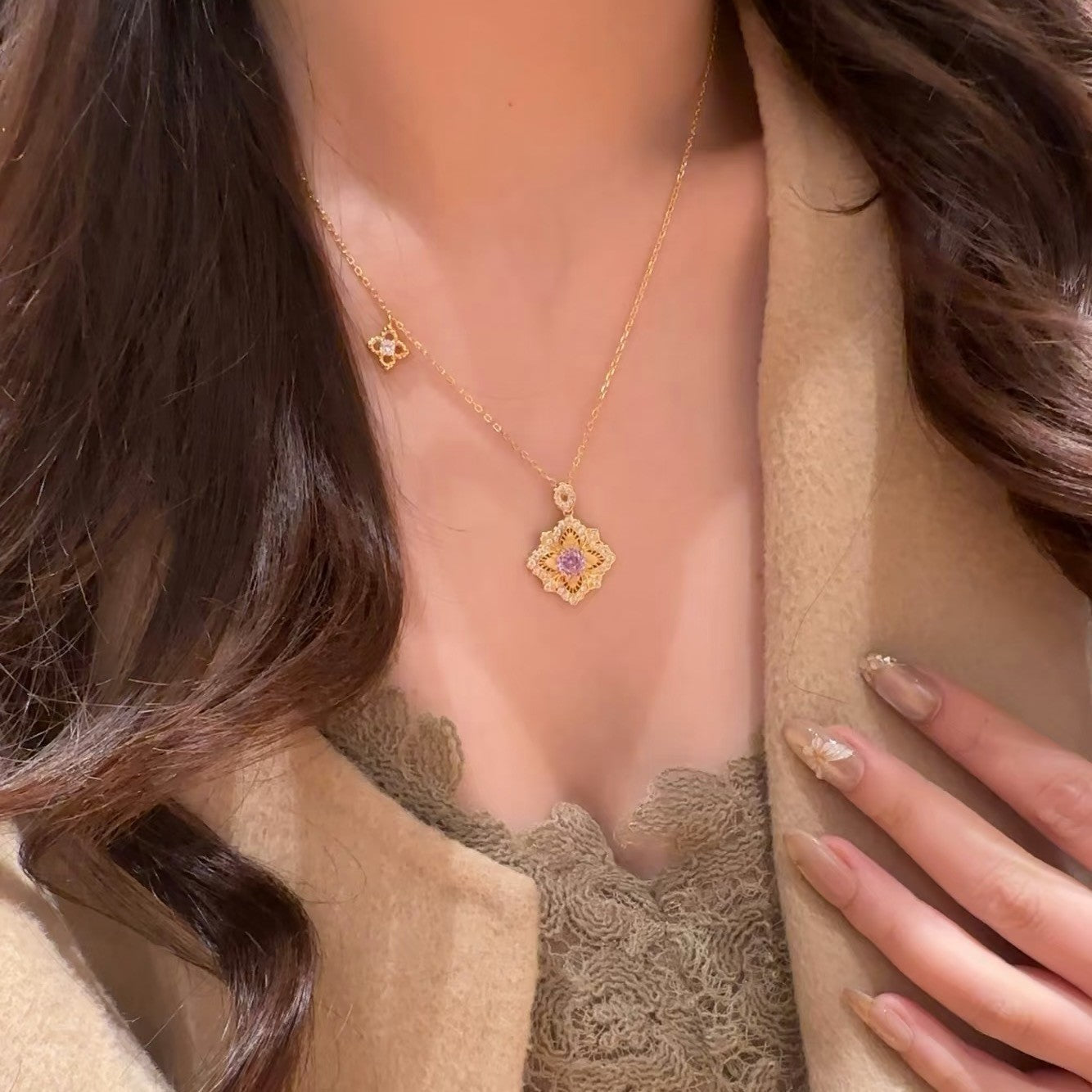 925 Silver Four-Leaf Clover Brushed Purple Rose Necklace