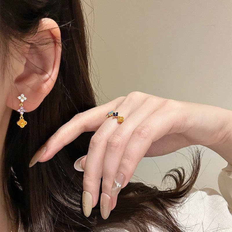 925 Silver Colorful Four-Leaf Flower Necklace Ring Stud Earrings Set