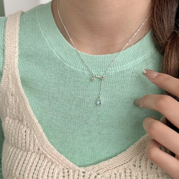 925 Silver Blue Teardrop Gemstone Necklace (Pull-out adjustable)