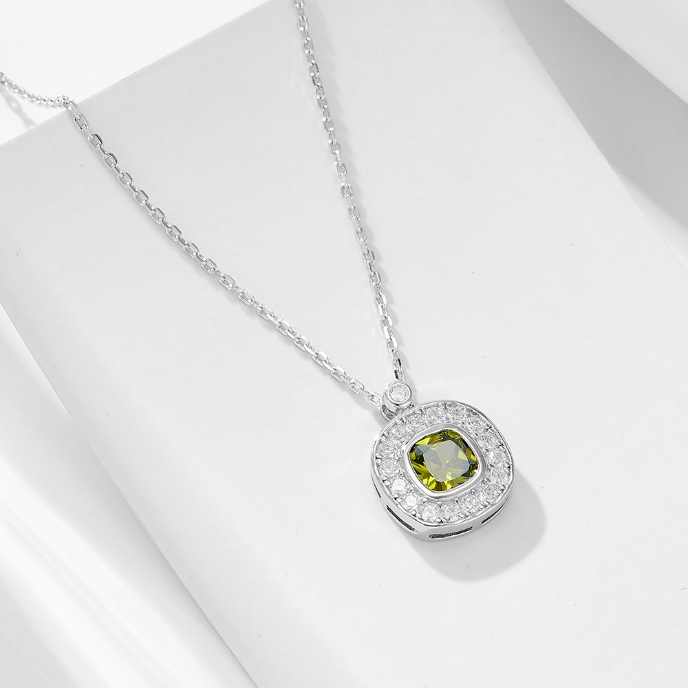 925 Silver Olive Green Square Zircon Pendant Necklace