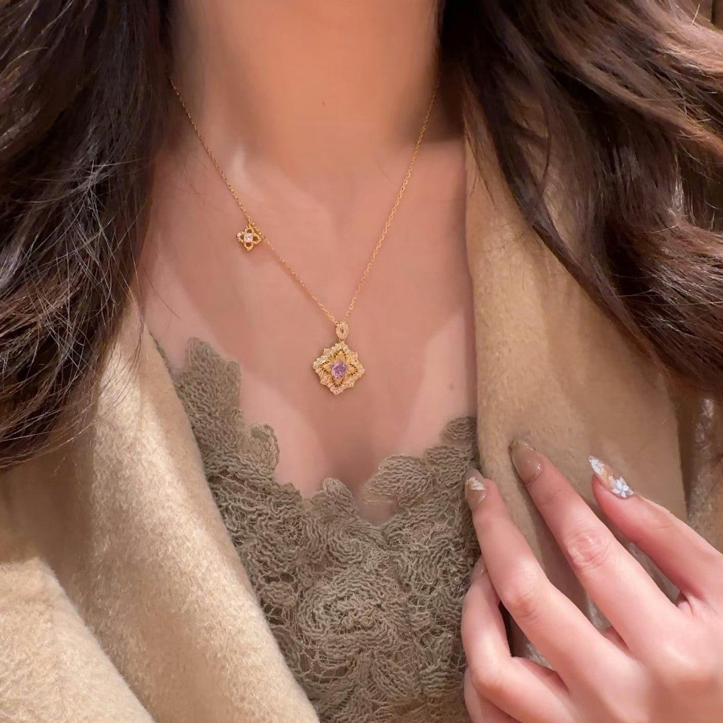 925 Silver Four-Leaf Clover Brushed Purple Rose Necklace