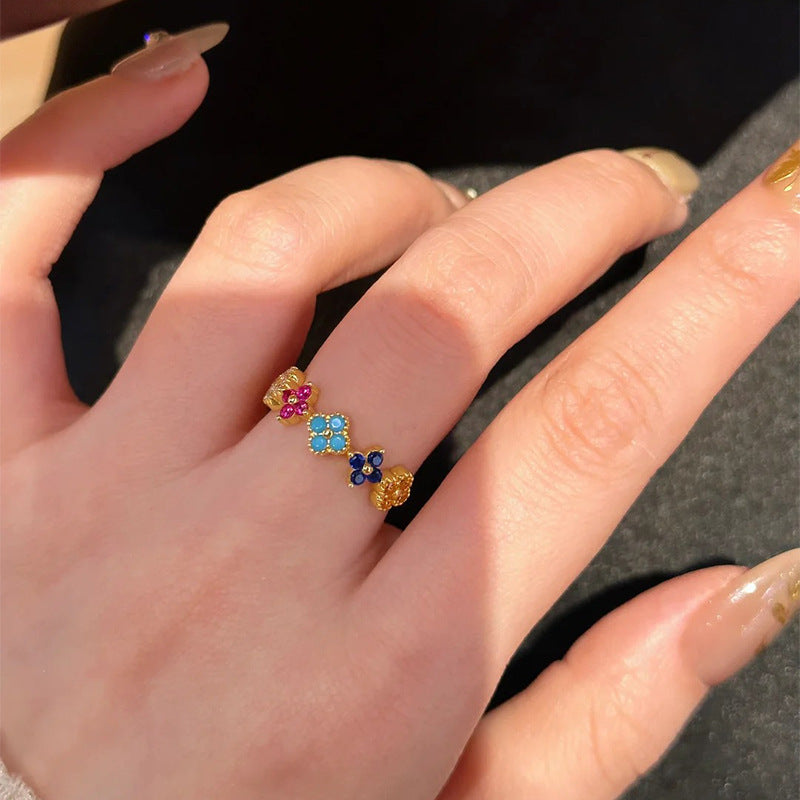 925 Silver Colorful Four-Leaf Flower Necklace Ring Stud Earrings Set