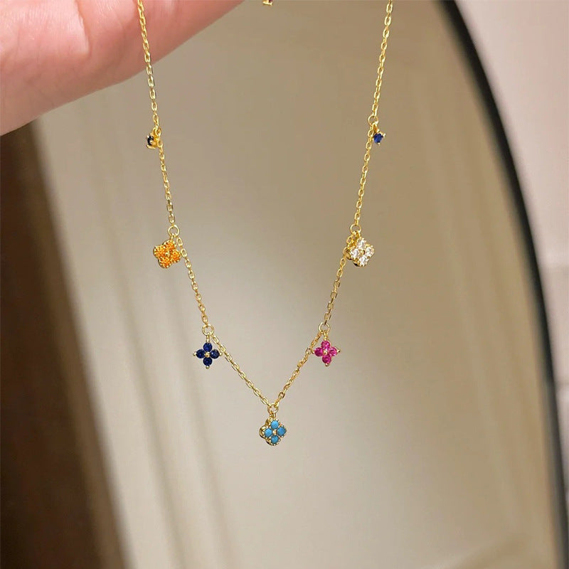 925 Silver Colorful Four-Leaf Flower Necklace Ring Stud Earrings Set