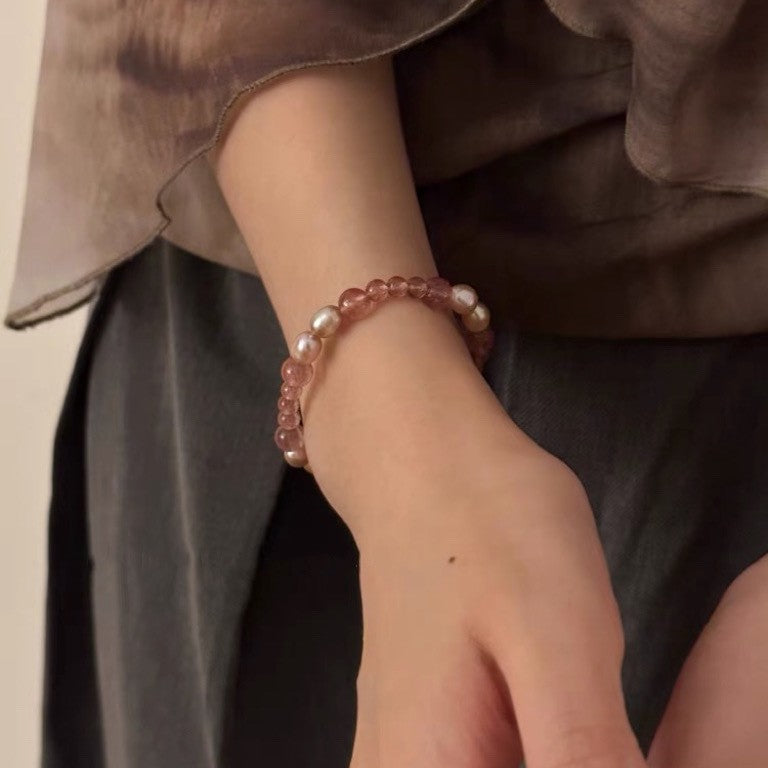 Pink Natural Pearl Strawberry Quartz Bracelet