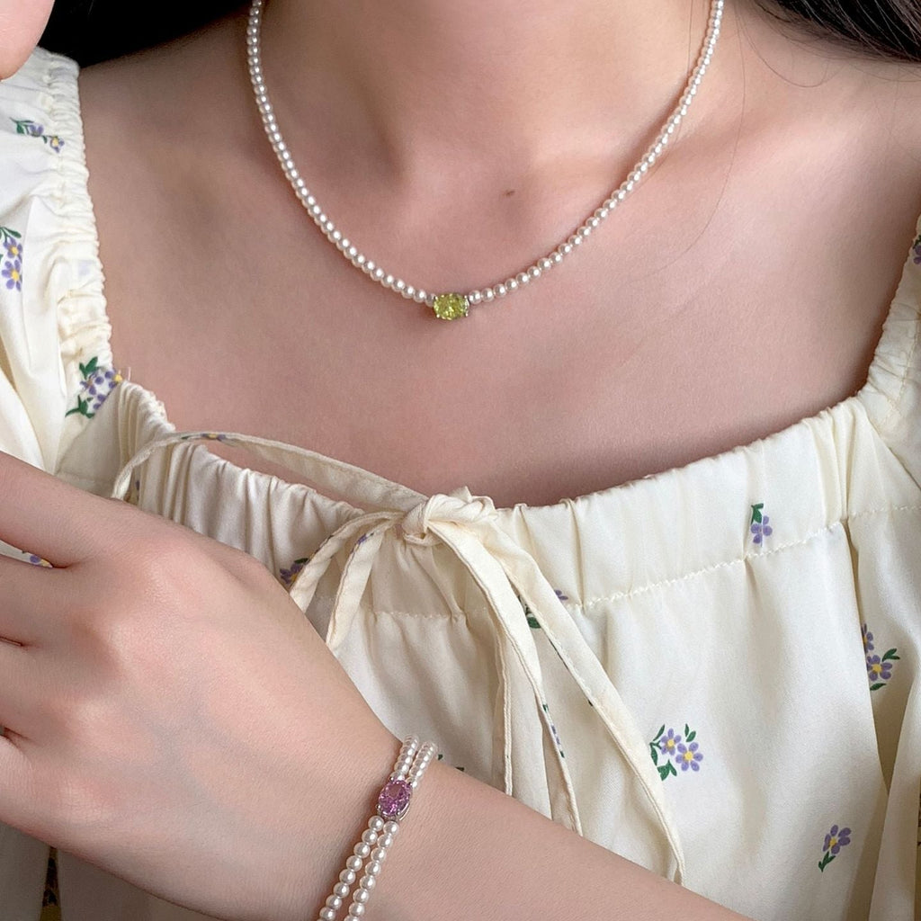 925 Silver Pearl Zircon Set, Six-Color Bracelet Necklace