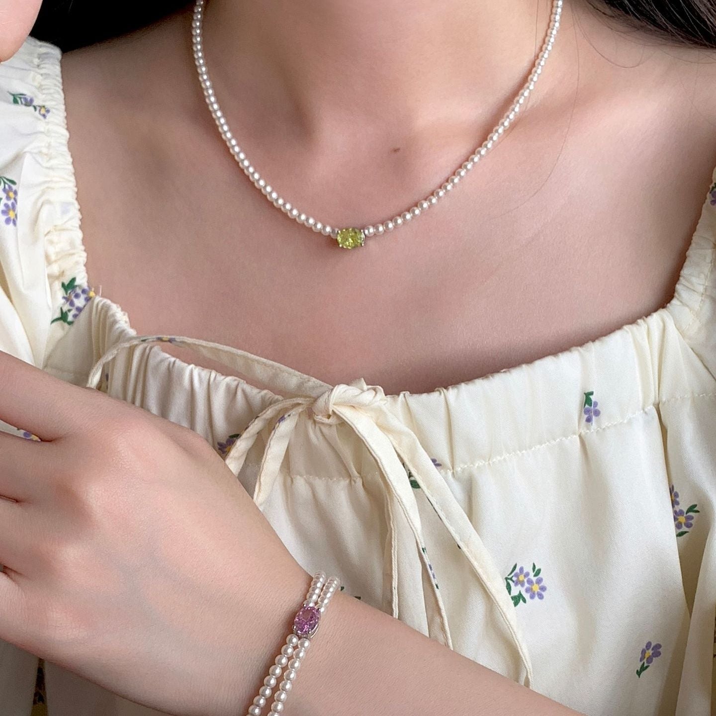 925 Silver Pearl Zircon Set, Six-Color Bracelet Necklace