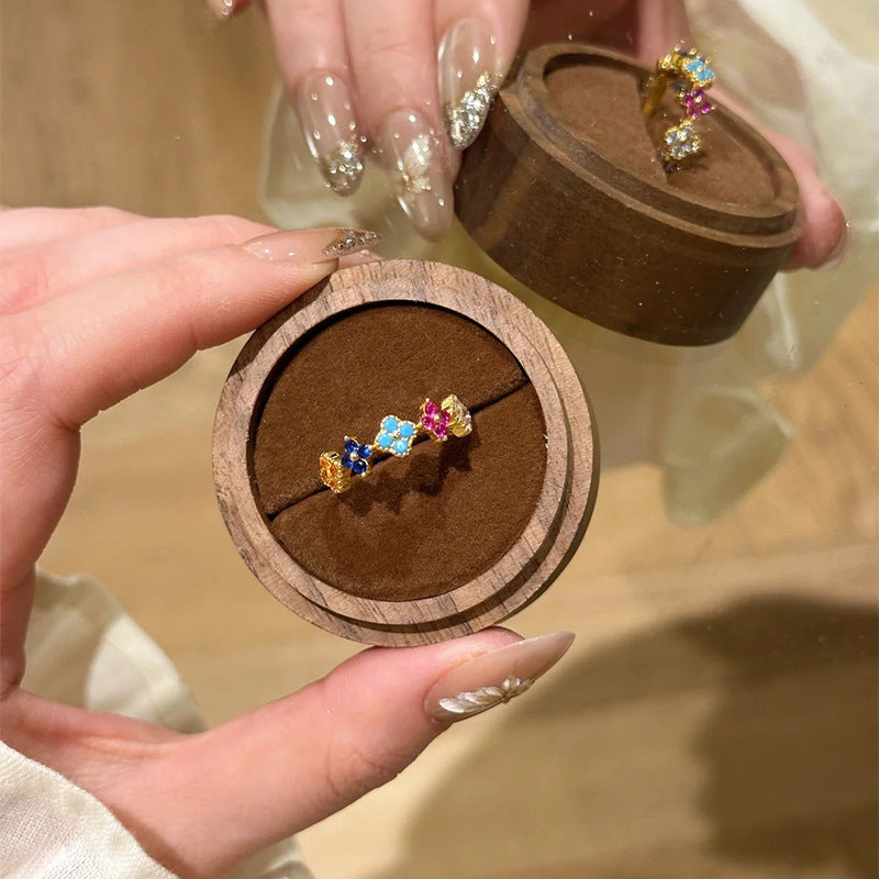 925 Silver Colorful Four-Leaf Flower Necklace Ring Stud Earrings Set