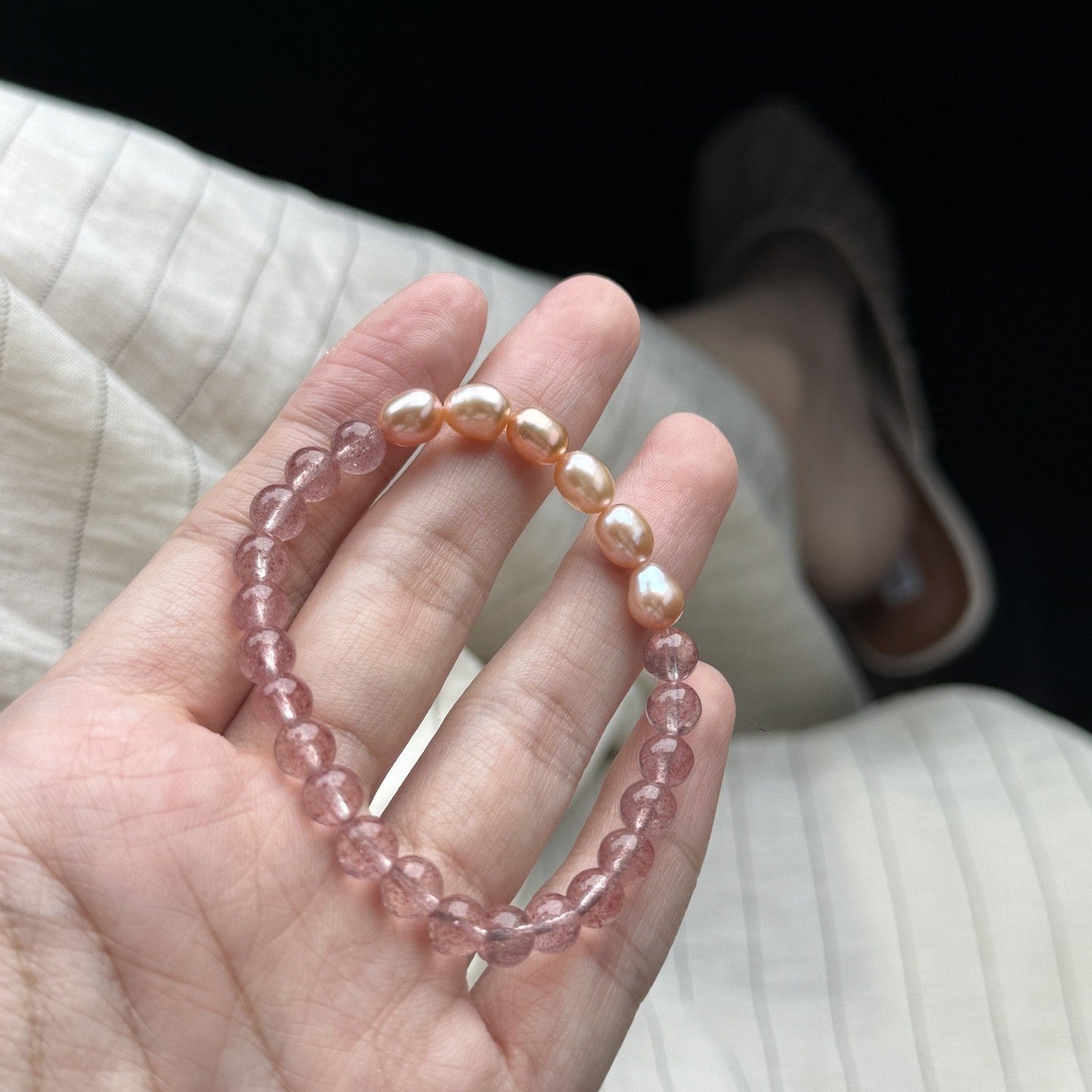 Pink Natural Pearl Strawberry Quartz Bracelet