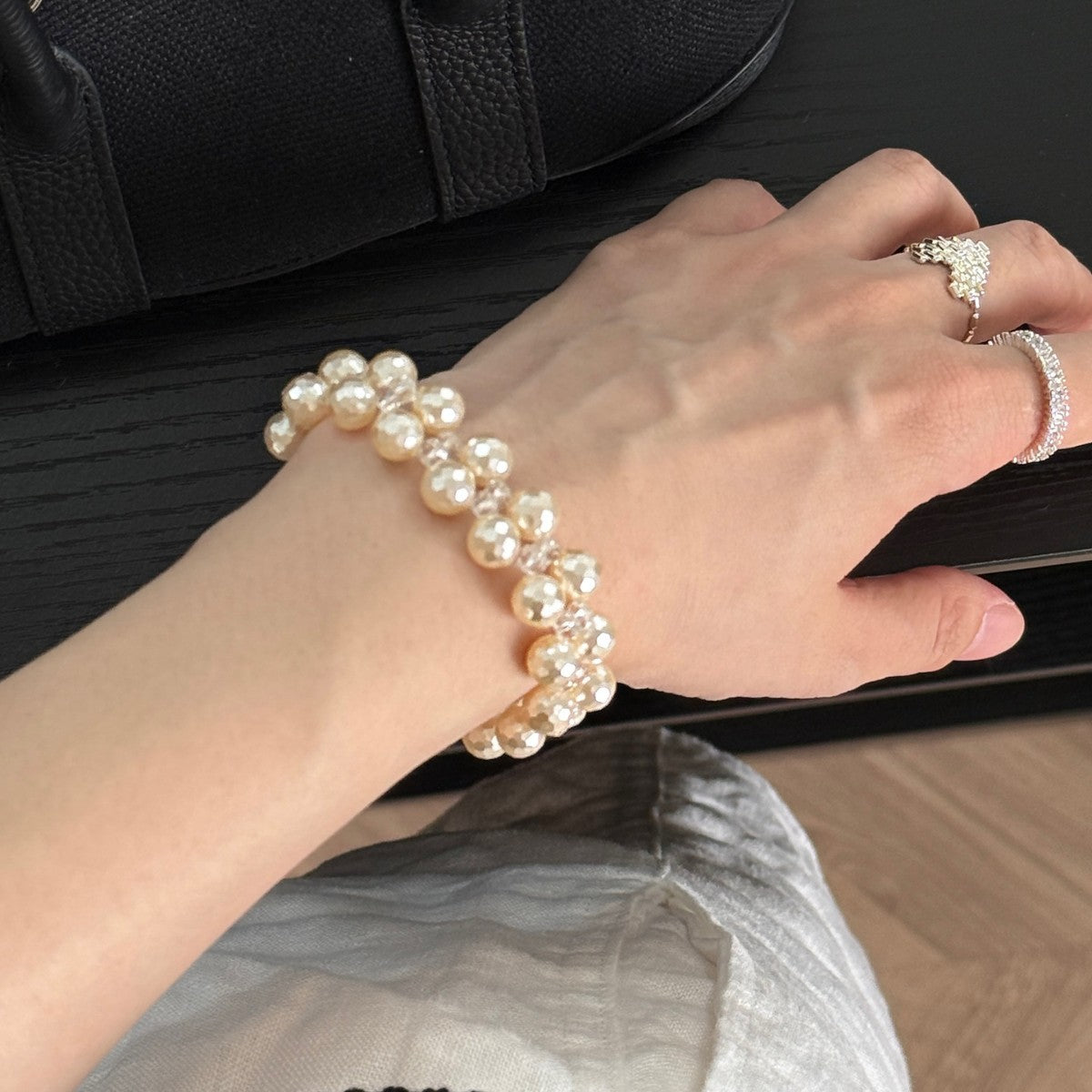 Double-Layer Pearl Crystal Woven Bracelet