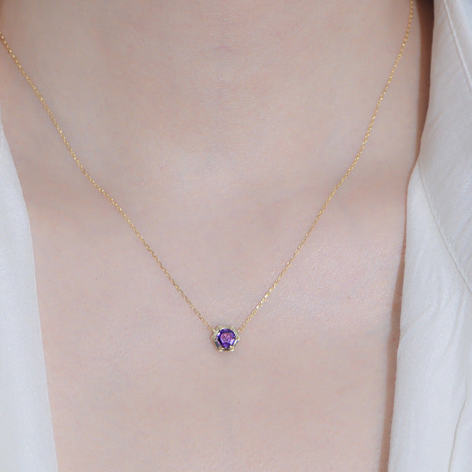 925 Silver Hexagon Purple Cubic Zirconia Necklace Earring Set