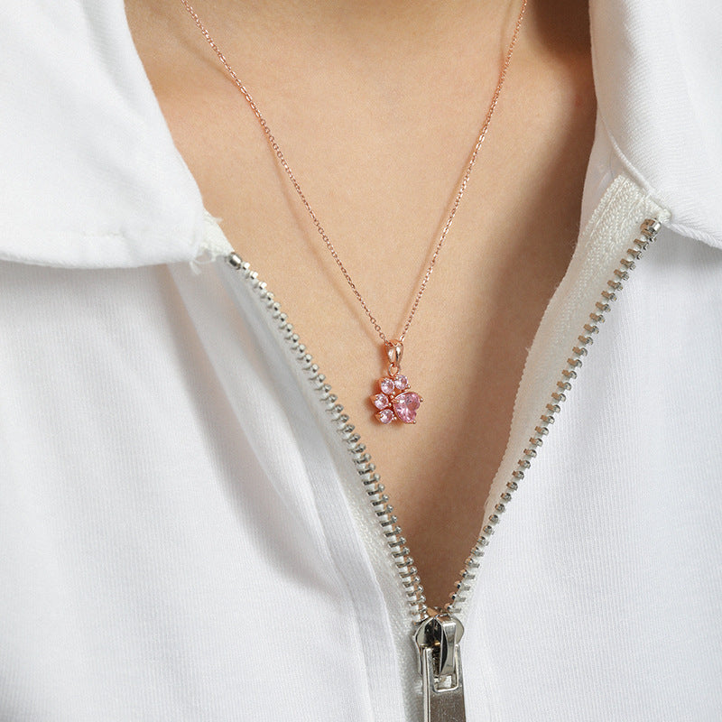 925 Silver Pink Zircon Cat Paw Print Necklace