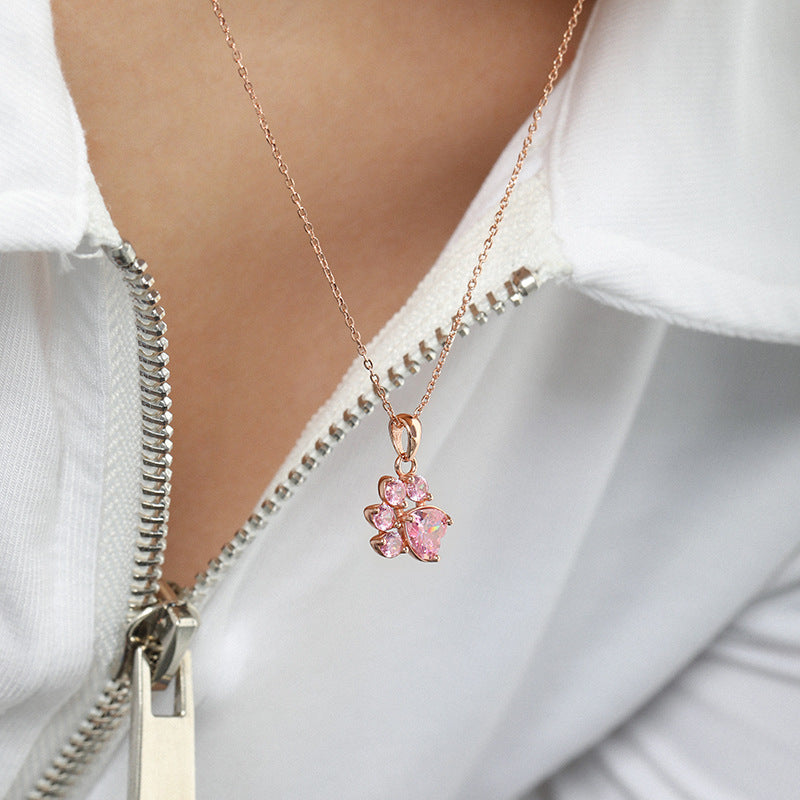 925 Silver Pink Zircon Cat Paw Print Necklace