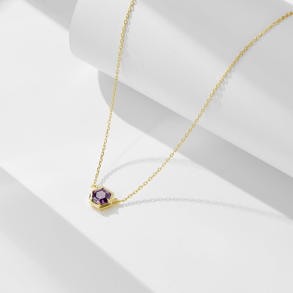 925 Silver Hexagon Purple Cubic Zirconia Necklace Earring Set