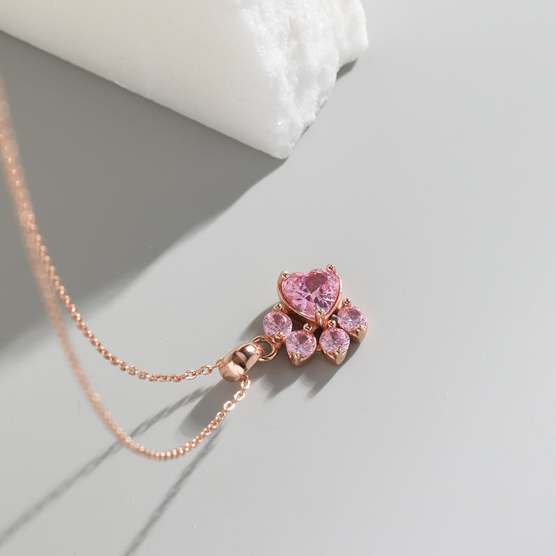 925 Silver Pink Zircon Cat Paw Print Necklace