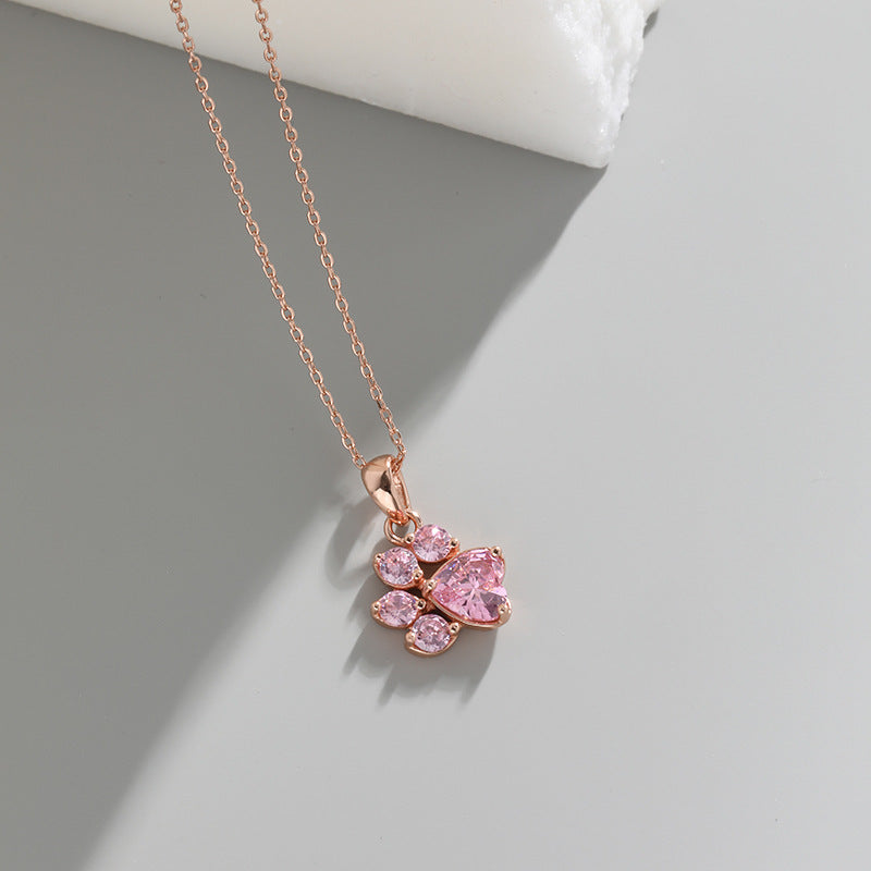 925 Silver Pink Zircon Cat Paw Print Necklace