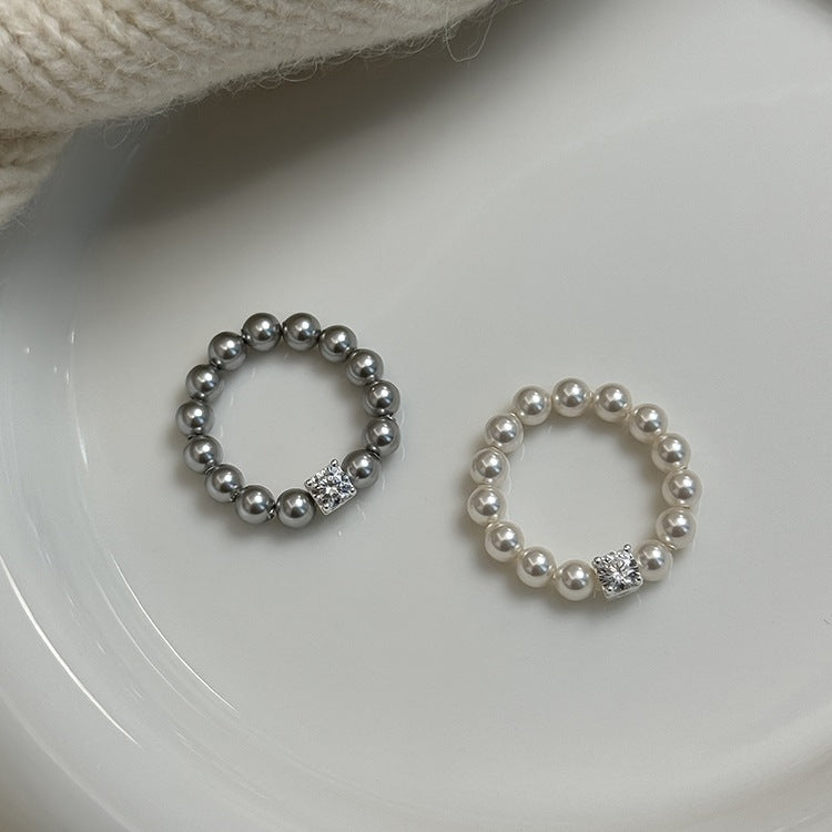 925 Silver Small Cubic Zirconia Pearl Stretch Ring