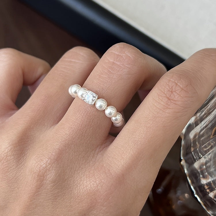 925 Silver Small Cubic Zirconia Pearl Stretch Ring