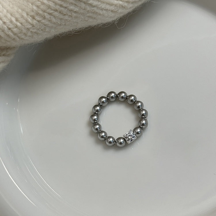 925 Silver Small Cubic Zirconia Pearl Stretch Ring
