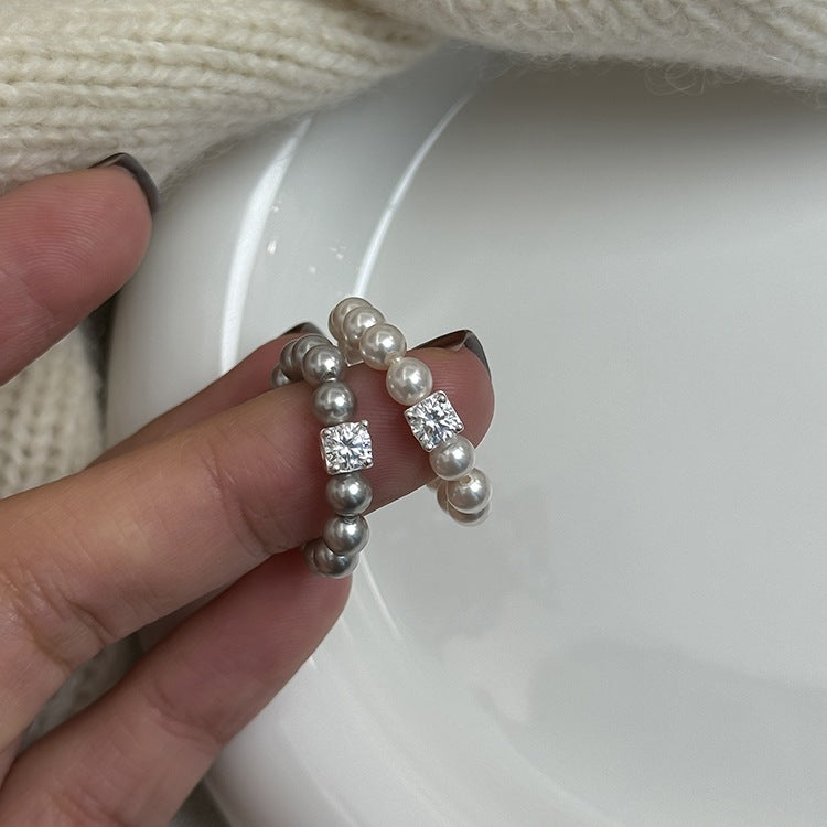 925 Silver Small Cubic Zirconia Pearl Stretch Ring
