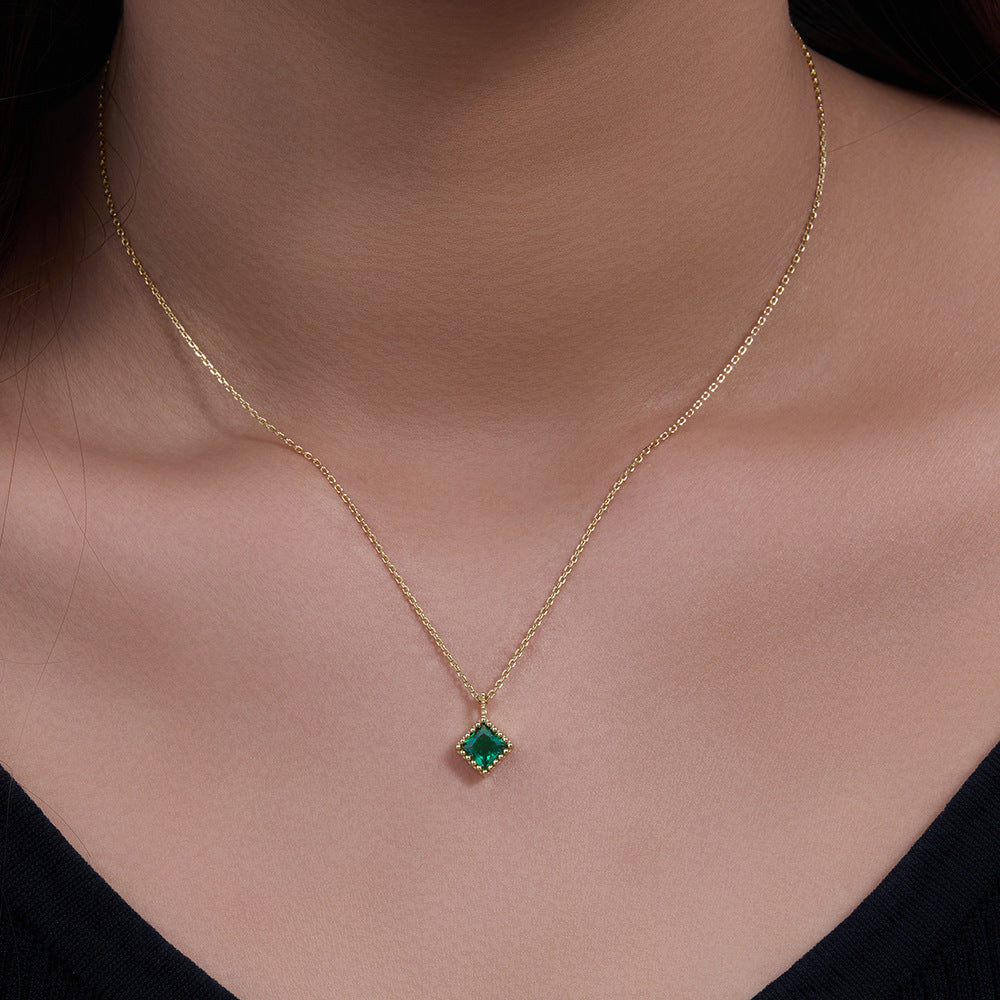 925 Silver Square Emerald Zircon Pendant Necklace