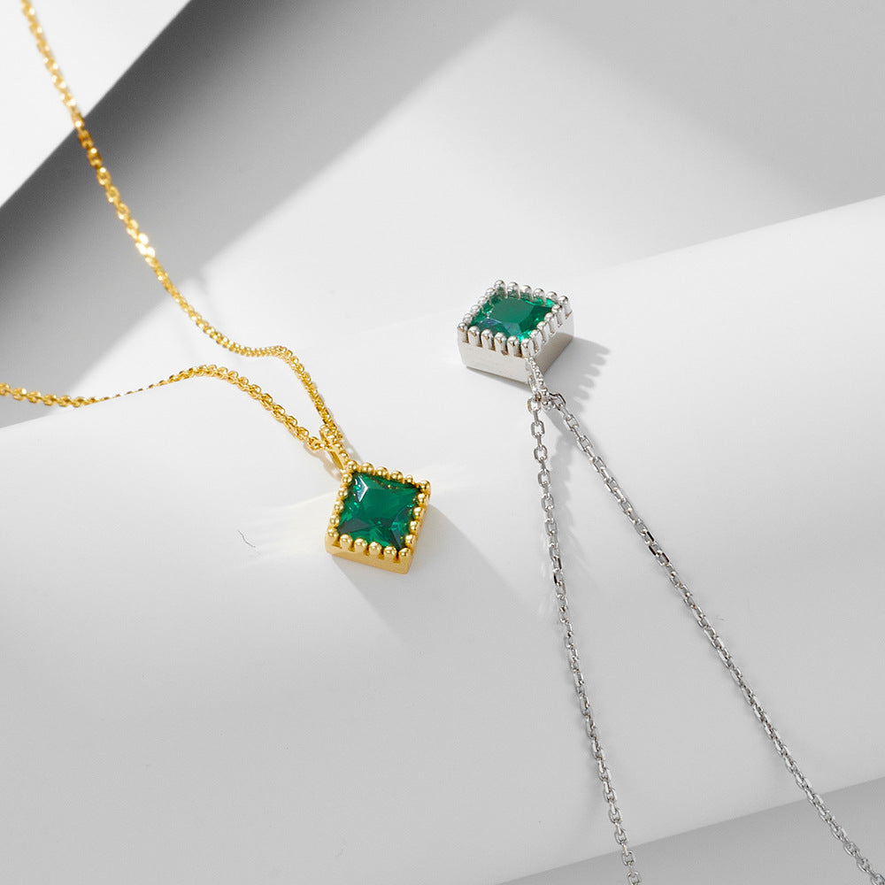 925 Silver Square Emerald Zircon Pendant Necklace