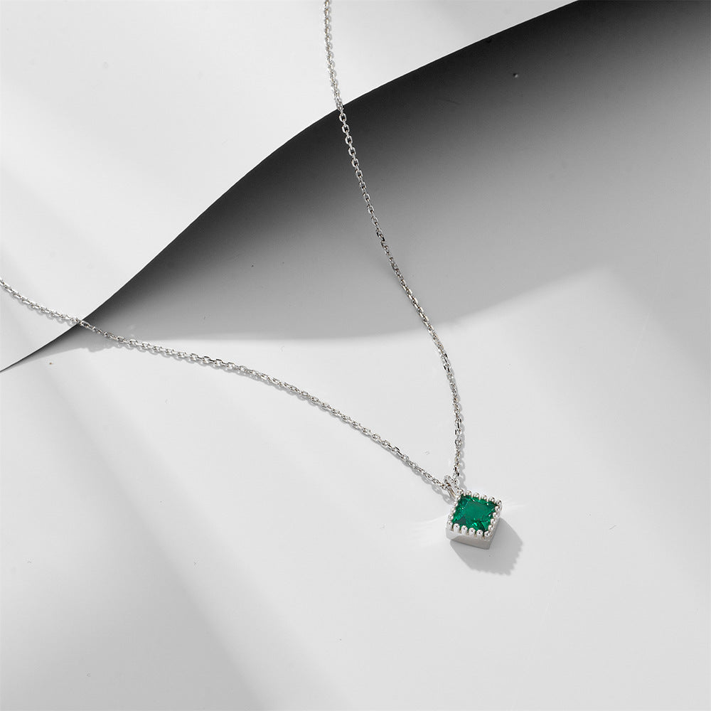 925 Silver Square Emerald Zircon Pendant Necklace