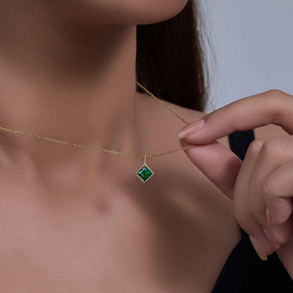 925 Silver Square Emerald Zircon Pendant Necklace
