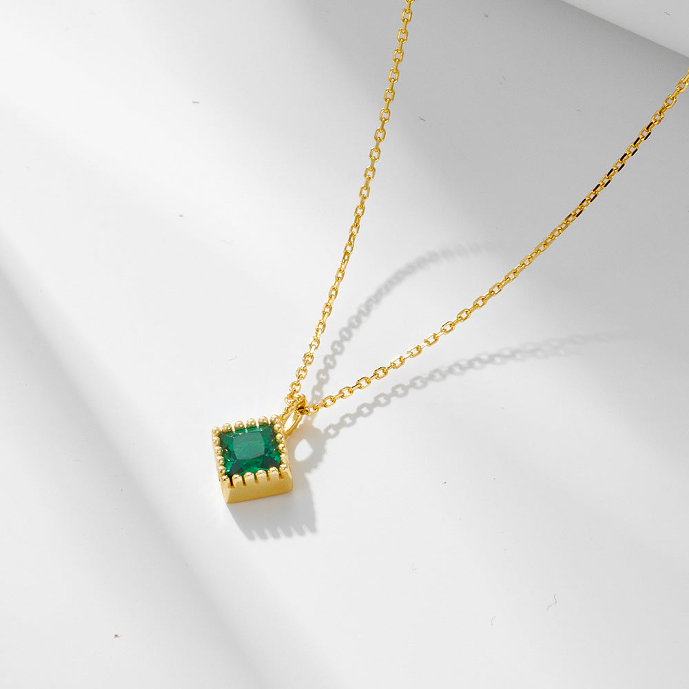 925 Silver Square Emerald Zircon Pendant Necklace