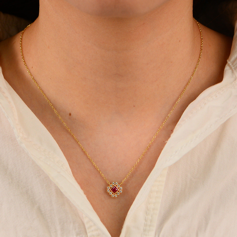 925 Silver Square Red Zircon Hollow Pendant Necklace