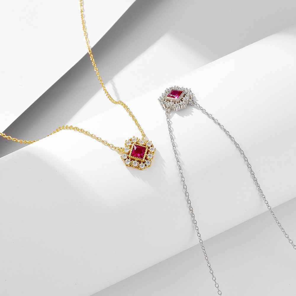 925 Silver Square Red Zircon Hollow Pendant Necklace