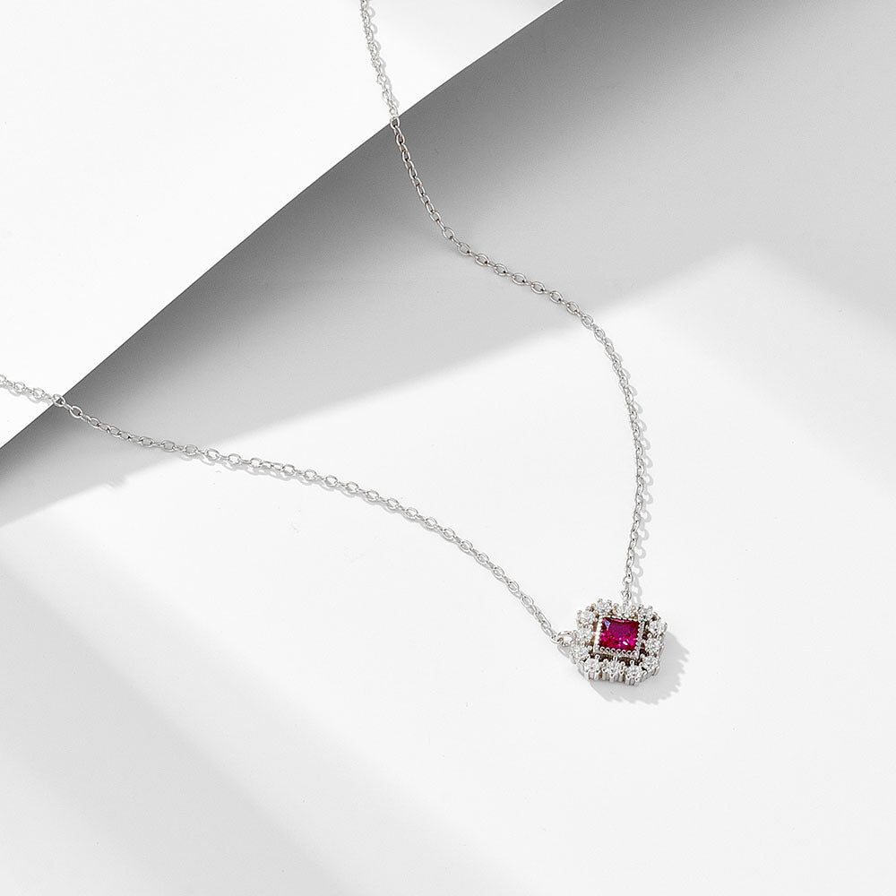 925 Silver Square Red Zircon Hollow Pendant Necklace