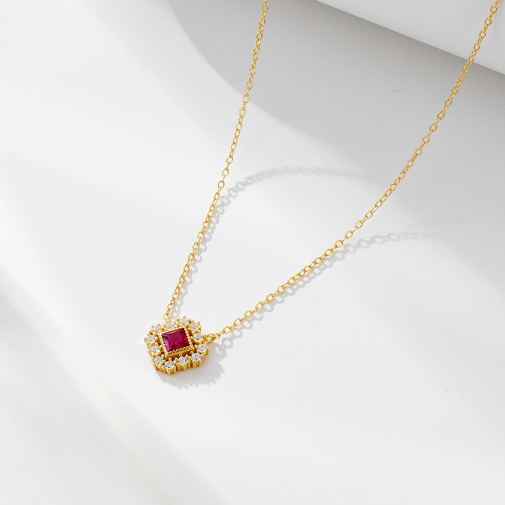 925 Silver Square Red Zircon Hollow Pendant Necklace