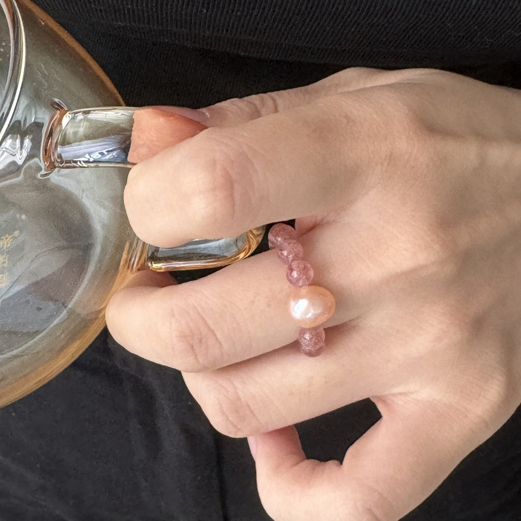 Pink Natural Pearl Strawberry Quartz Ring