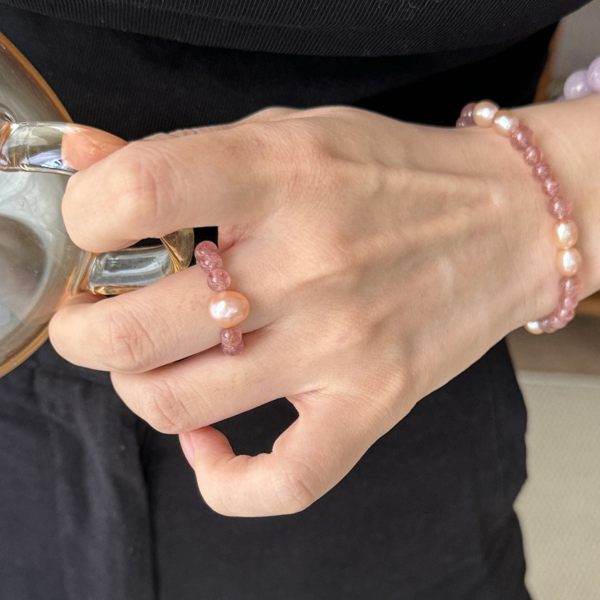 Pink Natural Pearl Strawberry Quartz Ring