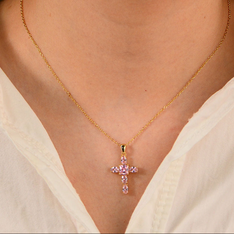 925 Silver Pink Zircon Cross Necklace