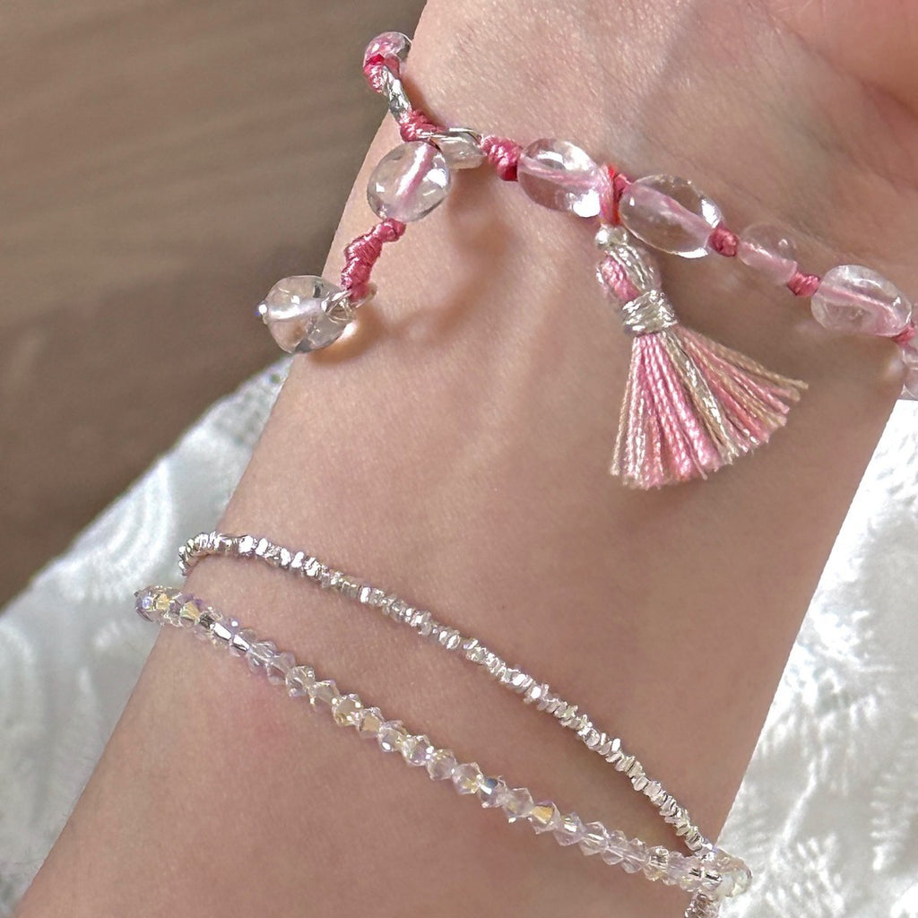 925 Silver Natural White Crystal Tassel Pendant Hand String