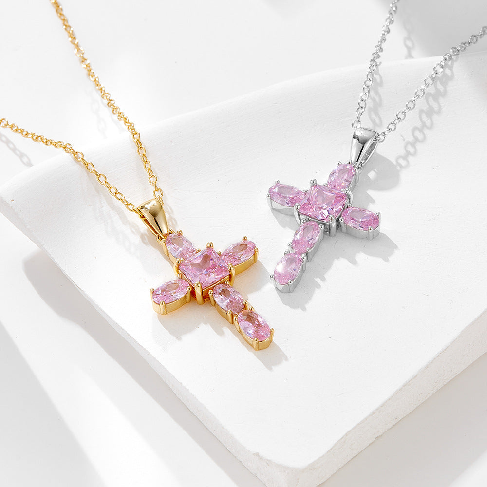 925 Silver Pink Zircon Cross Necklace