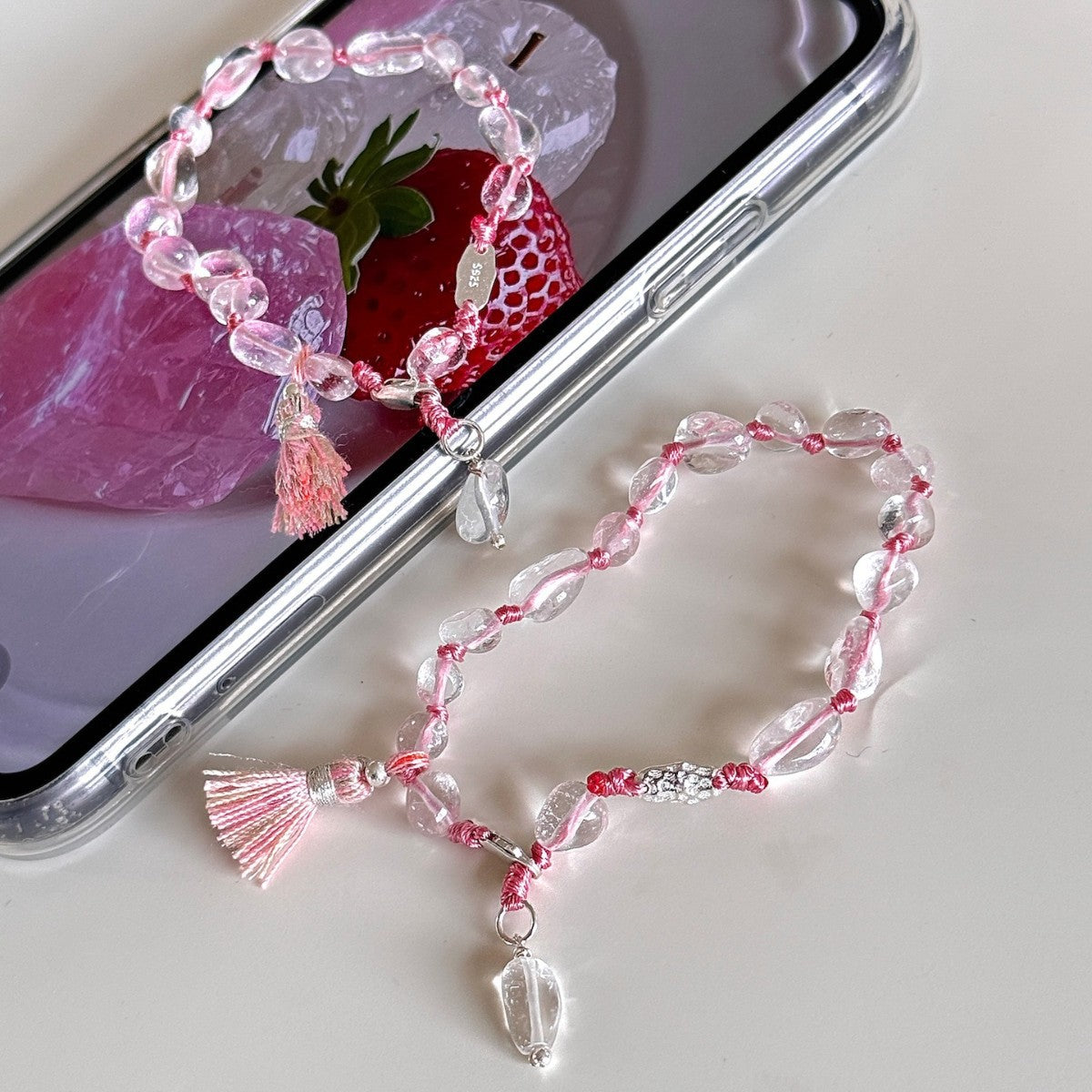 925 Silver Natural White Crystal Tassel Pendant Hand String