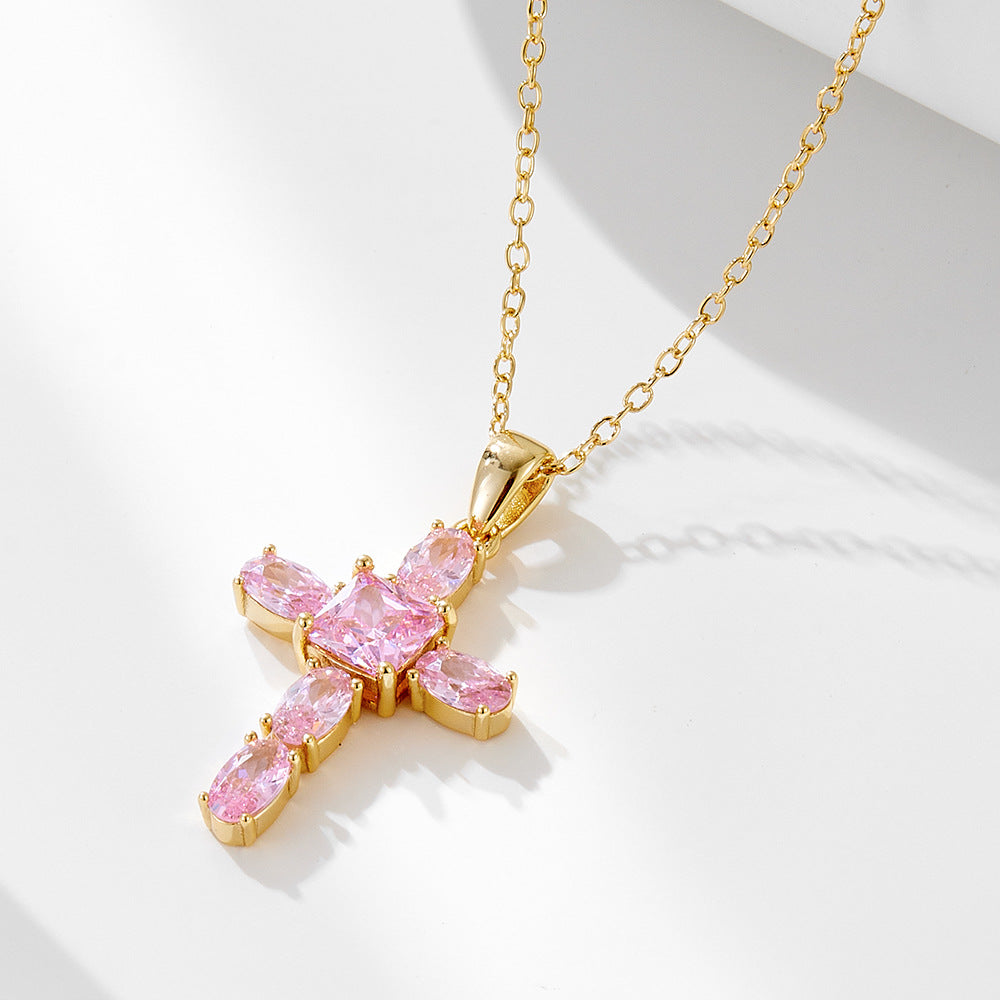 925 Silver Pink Zircon Cross Necklace