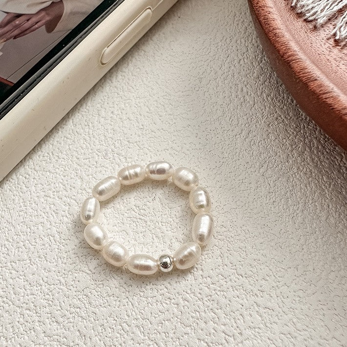 925 Silver Elastic Rope Pearl Ring