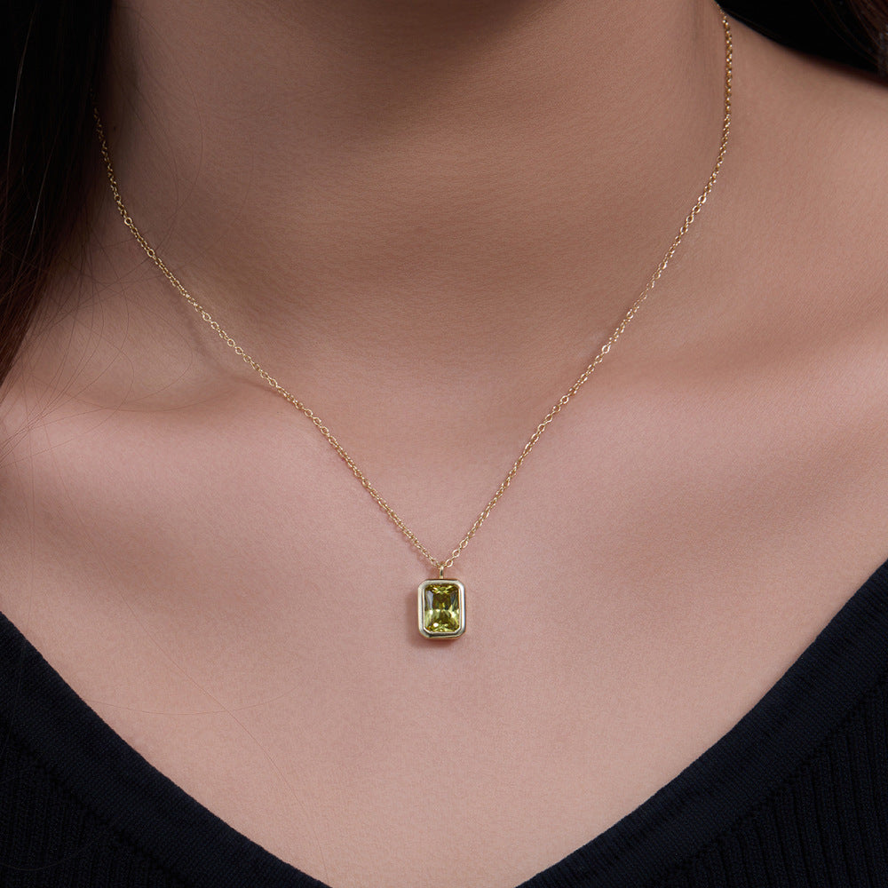 925 Silver Square Olive Yellow Zirconia Pendant Necklace