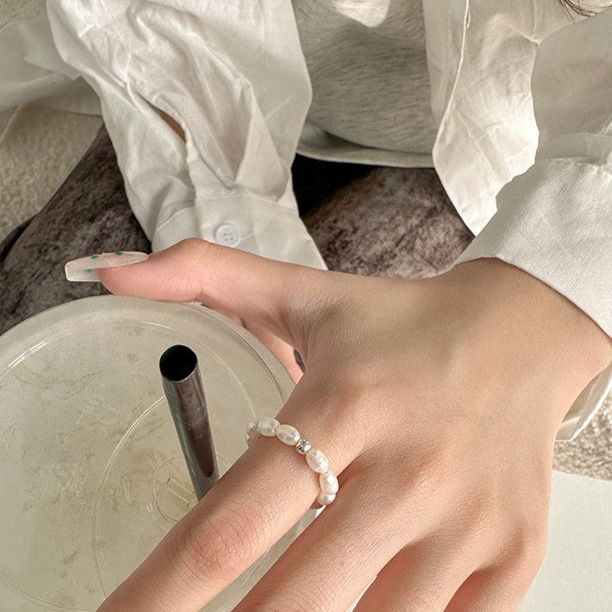 925 Silver Elastic Rope Pearl Ring
